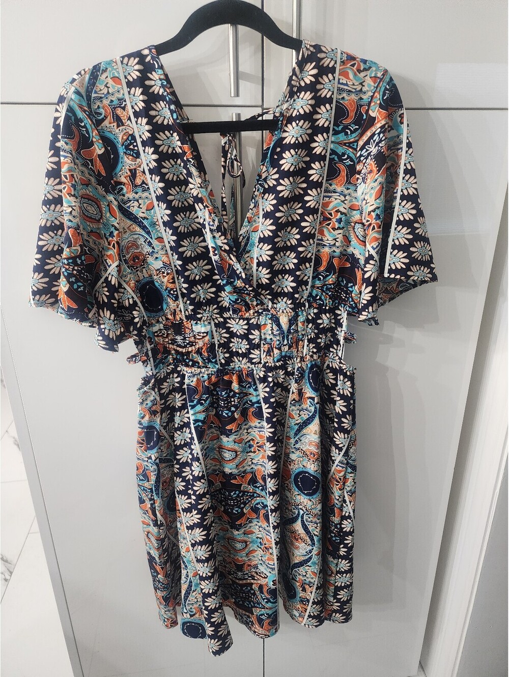 Women's Bohemian Floral Print V-Neck Dress with Elastic Waist and Short Sleeves